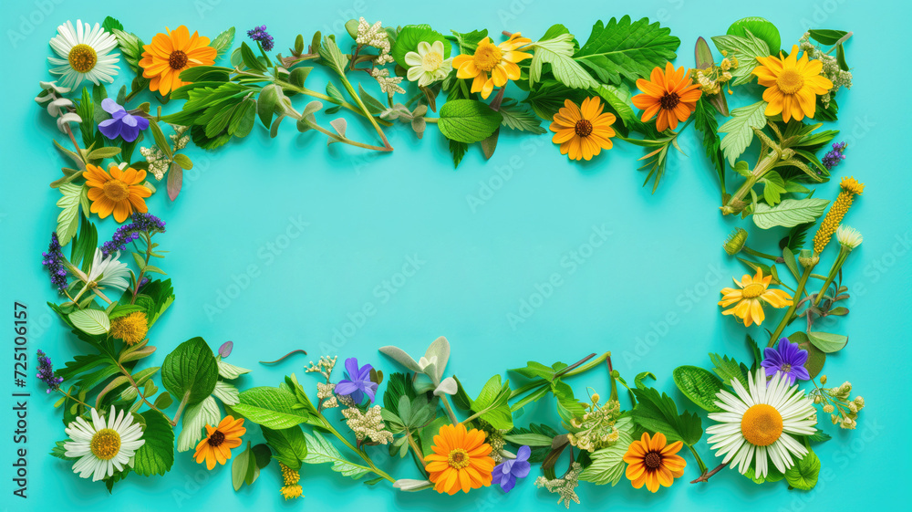 A bright, creative banner frame surrounded by a variety of colorful flowers and leaves