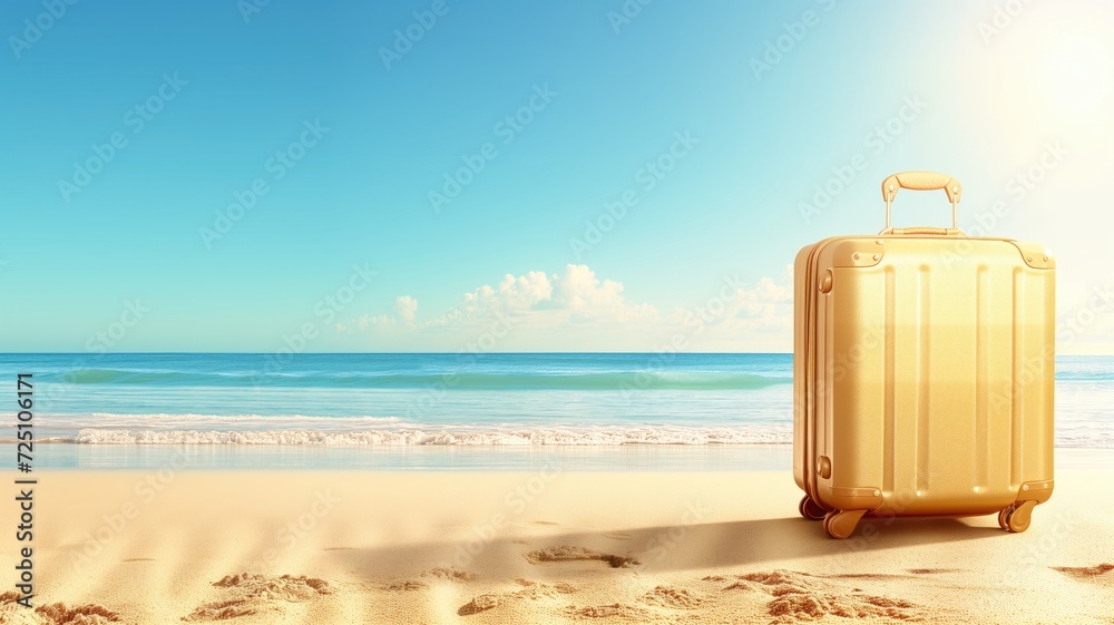 Golden suitcase on a sunny tropical beach, travel concept Golden suitcase on a sunny tropical beach, travel concept