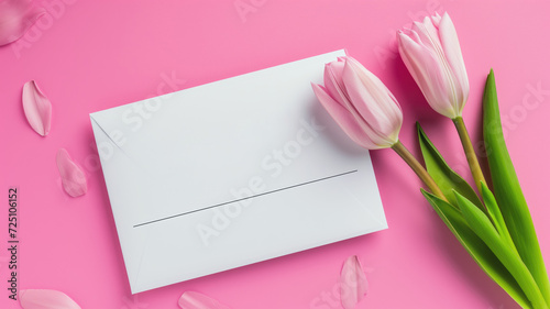 A white thank you card with pink tulips on a pink background photo