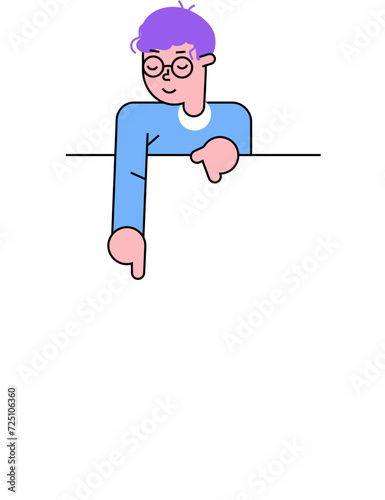 Cartoon man with purple hair leaning over edge. Casual style, contemplative pose, minimalistic design. Emotion and simplicity concept vector illustration.