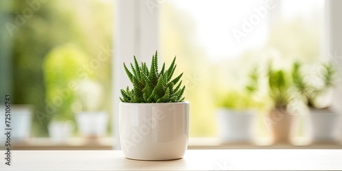 Beautiful green succulent cactus in small white pot on wooden table, representing a house plant concept.