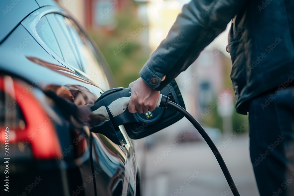 In the charging station, a man charges an electric car. In the charging station, a man charges an electric car.