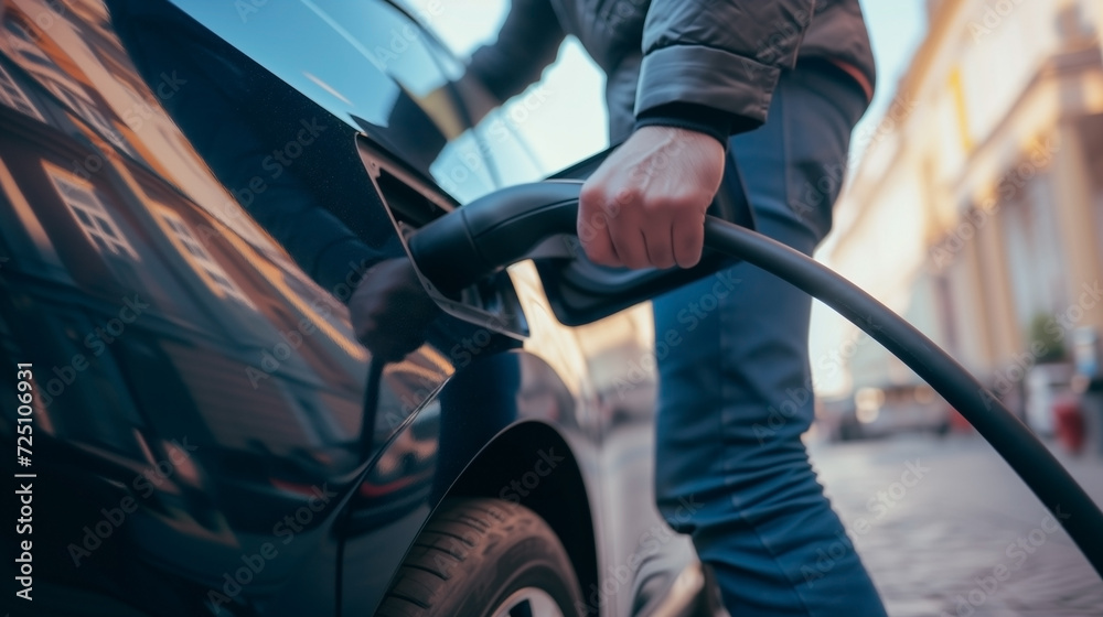 In the charging station, a man charges an electric car. In the charging station, a man charges an electric car.