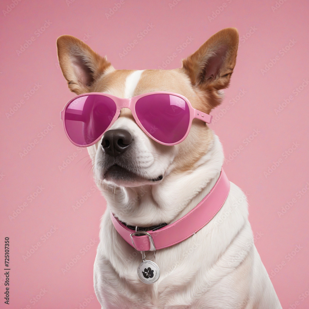 Stylish Canine in Shades on a Pink Background