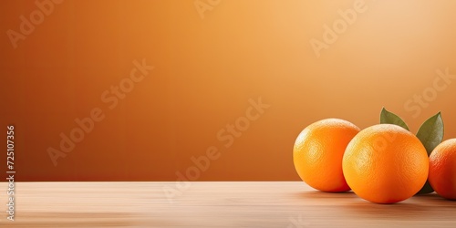 Product presentation on orange background with wooden table and space for copy.