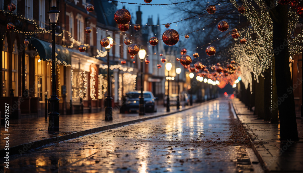 Illuminated city streets celebrate winter with Christmas decorations generated by AI