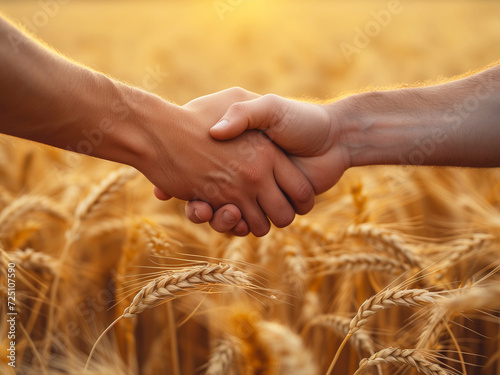 Handshake. Two farmer standing and shaking hands in a wheat field. Agricultural business.photorealism. 