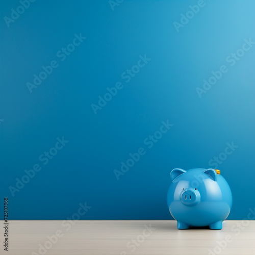 Ceramic piggy bank on blue wall background. Money safe and investment concept.
