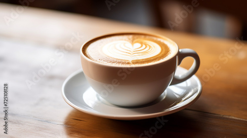 Cup of cappuccino in white glass on a wooden table. coffee and sunlight in the morning.