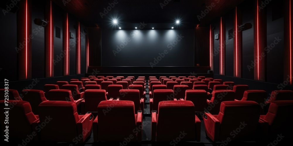 Empty Cinema Hall with Red Seats and Illuminated Aisle Lights.Neon Lights On Walls. Viewed Over Screen. Generative AI Empty Cinema Hall with Red Seats and Illuminated Aisle Lights.Neon Lights On Walls. Viewed Over Screen. Generative AI