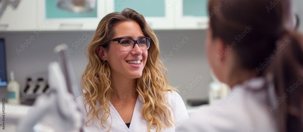 Female dentist speaking with patient in her clinic.
