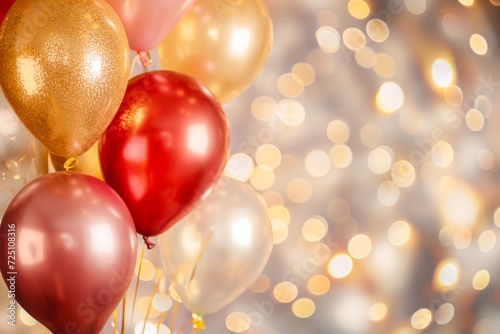 Festive balloons in gold and red with sparkling lights in the background.