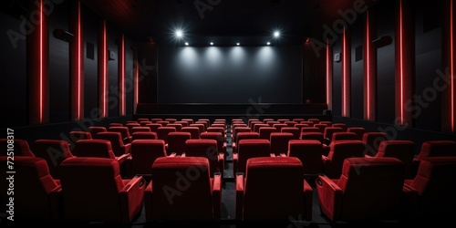 Empty Cinema Hall with Red Seats and Illuminated Aisle Lights.Neon Lights On Walls. Viewed Over Screen. Generative AI