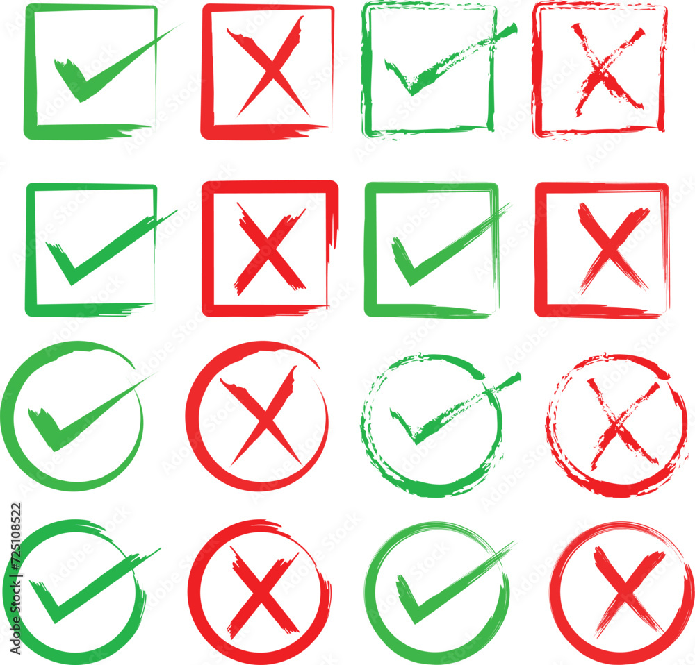 Set the check mark and cross. Vector illustration, abstract brush strokes, check, and cross-mark set.