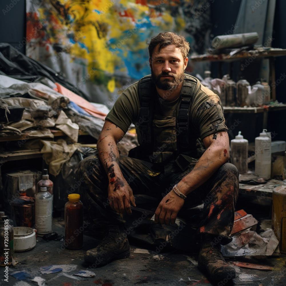 A tired man in camouflage clothes sitting on a blurred yellow-blue background. Bearded, handsome, kind European man. Military concept. Painter occupation.