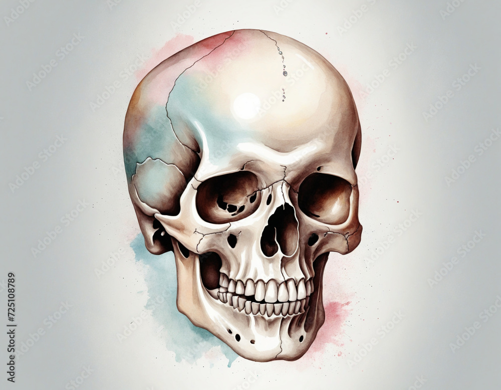 Detailed human skull in soft pastel watercolor style on white background Detailed human skull in soft pastel watercolor style on white background