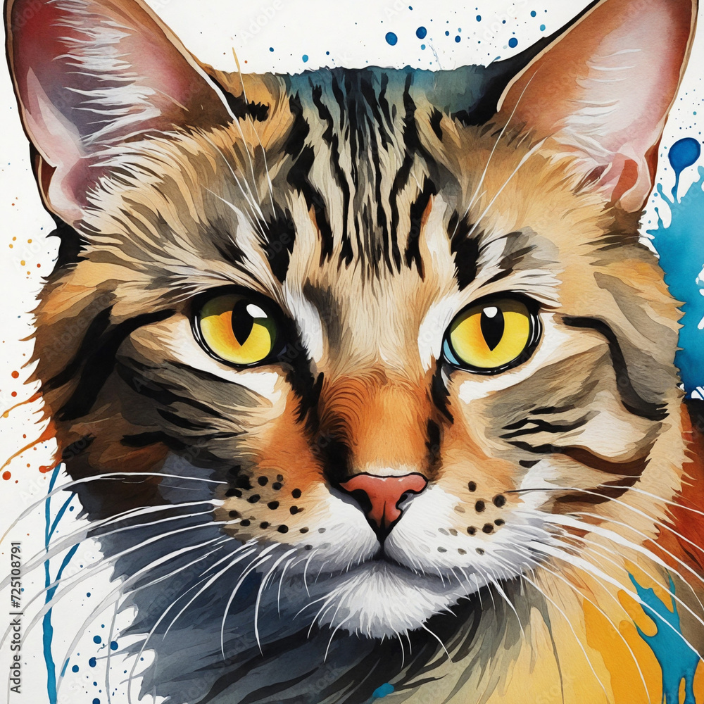 a mesmerizing artwork capturing the intense gaze of a feline with splashing colors.