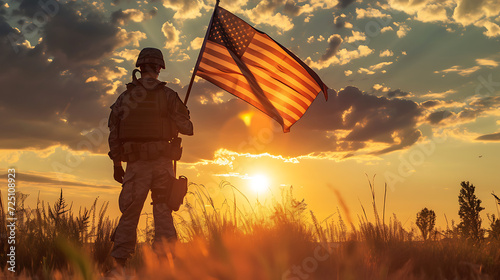 a soldier holding an american flag in the sunset #725108923