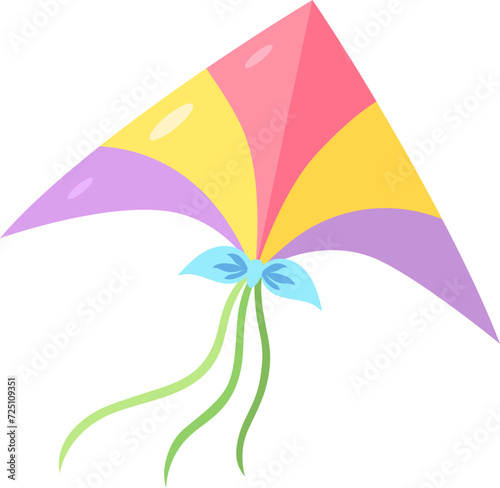 Multicolored flying kite. Outdoor activities, kids toys or kite festival theme. Vector illustration in flat style isolated on white background.
