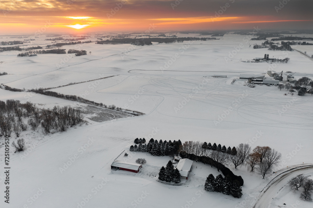 Snow Covered Fields and Sunset Winter