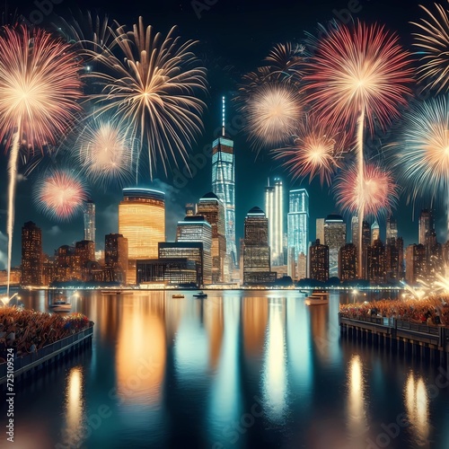 Holiday fireworks above water with reflection on the black sky background