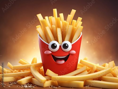 Cute happy 3D cartoon french fries - Generative AI