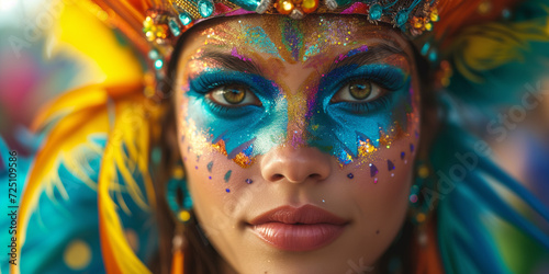 Brazilian carnival and festival Stunning carnival queen with elaborate face paint and headdress. © T-elle