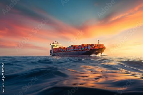 A big cargo ship carrying containers sails across a placid blue sea.