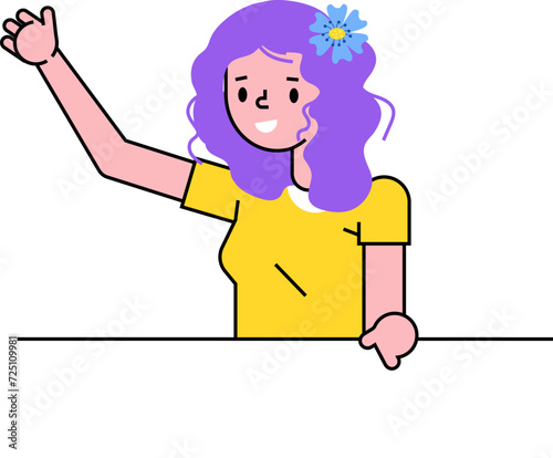 Cheerful girl greeting with a raised hand, has purple hair and a blue flower. Happy female character saying hello. Friendly gesture and positive emotion vector illustration.