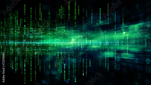 Abstract technological digital green background. Cyberspace and the concept of digital data. Blurred background. Digital illustration. Template for the cover of a music track, a computer game.