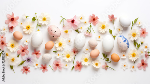 Colorful Easter eggs with flowers on white background, flat lay. Easter eggs and spring flowers, top view, studio shot. Happy Easter concept.