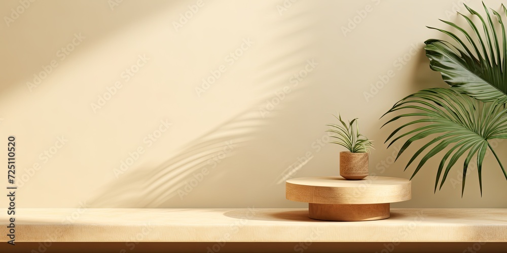 Round wooden podium table with curved green palm tree, leaf shadow on blank beige wall for organic cosmetic background. Round wooden podium table with curved green palm tree, leaf shadow on blank beige wall for organic cosmetic background.