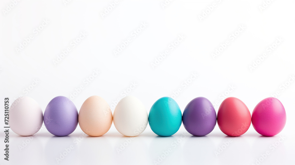 Eight multi-colored plain Easter eggs in one horizontal row with space for text. Easter eggs on white background with copy space. Happy Easter concept. Eight multi-colored plain Easter eggs in one horizontal row with space for text. Easter eggs on white background with copy space. Happy Easter concept.