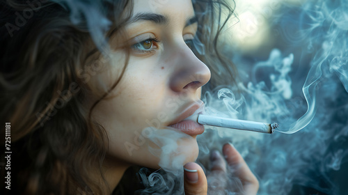 a woman smoking a cigarette with smoke coming out of her mouth