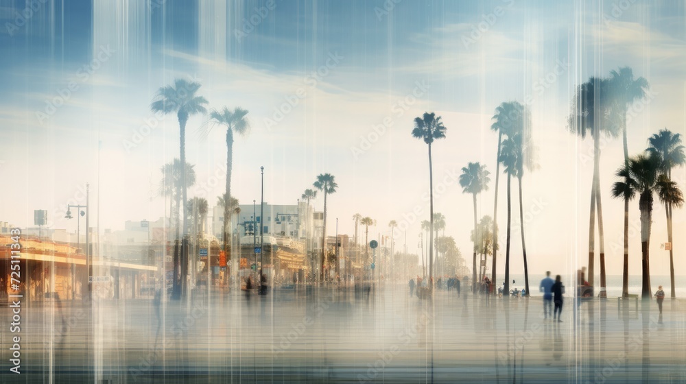 Blurred view of a street with palm trees. Neural network AI generated art