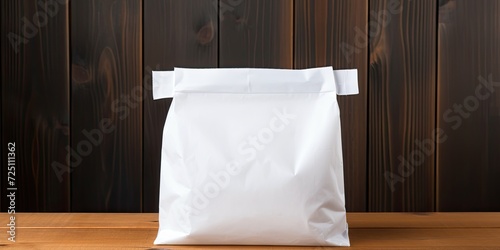 Isolated white bag for desserts on wooden table with space for text.