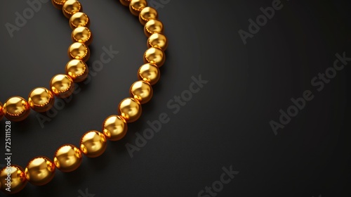 A golden bead necklace on a dark background. Can be used in jewelry advertisements or luxury item showcases, embodying the concept of opulence. Banner with copy space