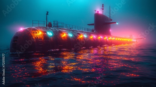 Futuristic submarine bathed in neon lights cruising tranquil ocean under stormy skies. Concept of exploration, marine vehicle, and ocean adventure