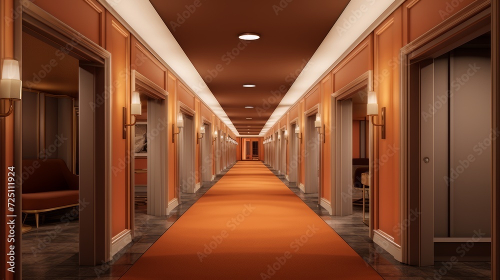 Opulent hotel hallway with multiple doors and polished floor in orange color. Ideal for hotel design, luxury apartment complexes, hospitality marketing, and architectural visualization. Opulent hotel hallway with multiple doors and polished floor in orange color. Ideal for hotel design, luxury apartment complexes, hospitality marketing, and architectural visualization.