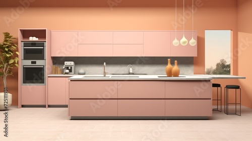 Minimalist modern kitchen design in fashionable trendy color Peach. Ideal for home decor, real estate listings, interior design inspiration.