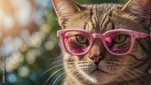 Portrait of a beautiful tabby cat with pink glasses. Natural summer background. A cute pet.