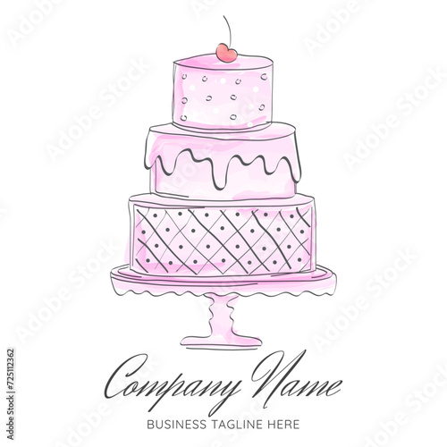Pink Watercolor Draft or Sketch Style Cake Logo Design for Bakery