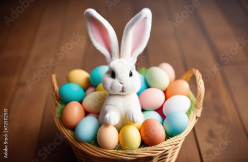 Easter toy bunny and colored eggs in basket on wooden background  closeup