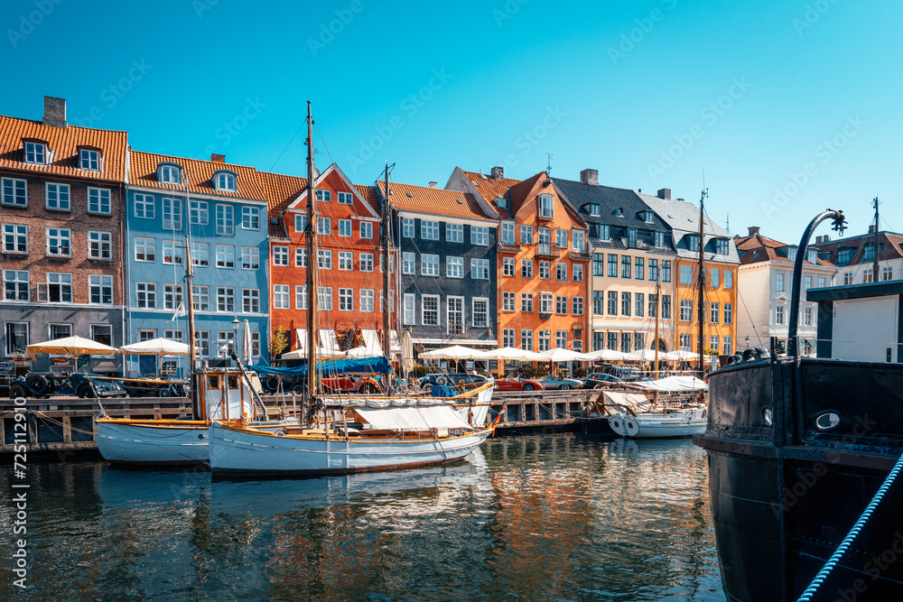 Famous old Nyhavn harbor with colorful houses in the center of Copenhagen, Denmark.