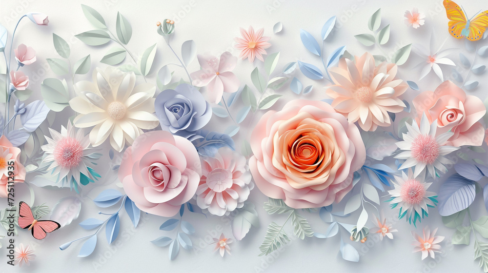 Handcrafted Floral Artistry: A Delicate Fusion of Abstract Paper Flowers and Botanical Elements in a Vibrant Pastel Palette