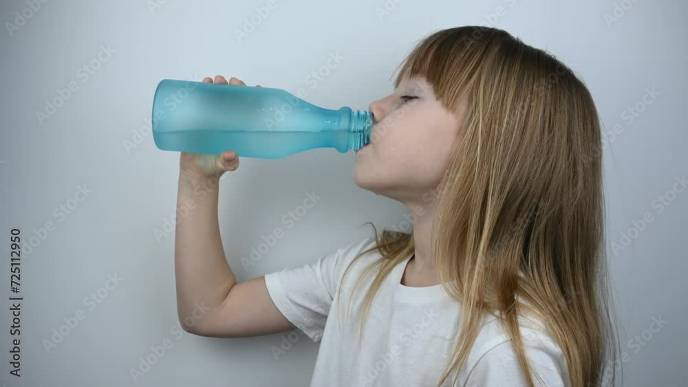 A little girl with beautiful long blonde hair drinks water from a blue reusable bottle. A little girl with beautiful long blonde hair drinks water from a blue reusable bottle.