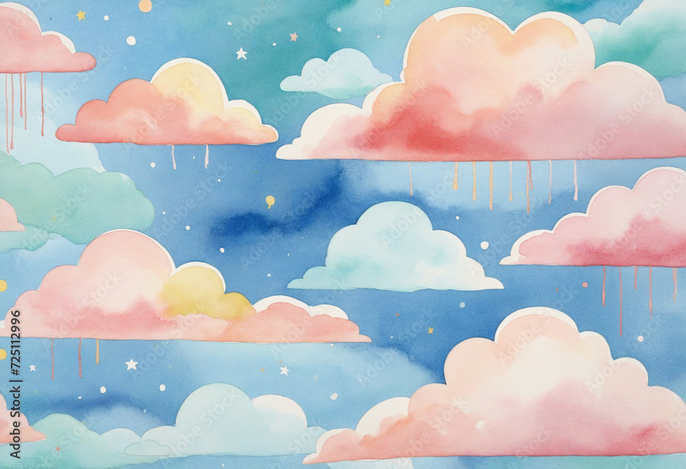 Pastel watercolor clouds for nursery baby design - obrazy, fototapety, plakaty 