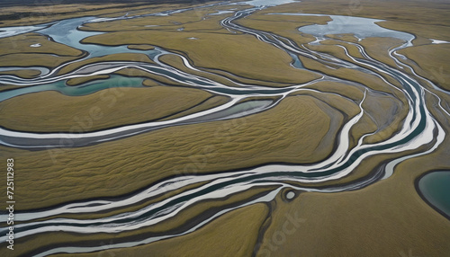 Aerial perspective of meandering Markarfljot River in Iceland.