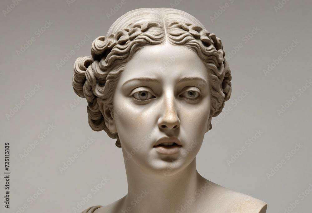 Dull and gloomy ancient Greek sculpture of a somber goddess with hand over mouth