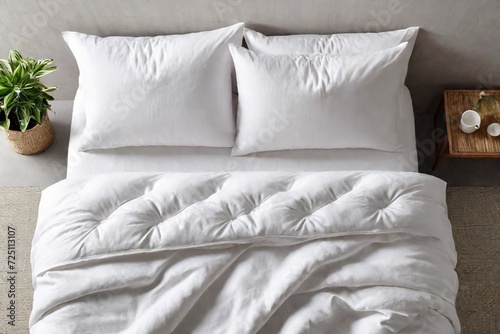 White fresh crispy pillows on bed in bedroom